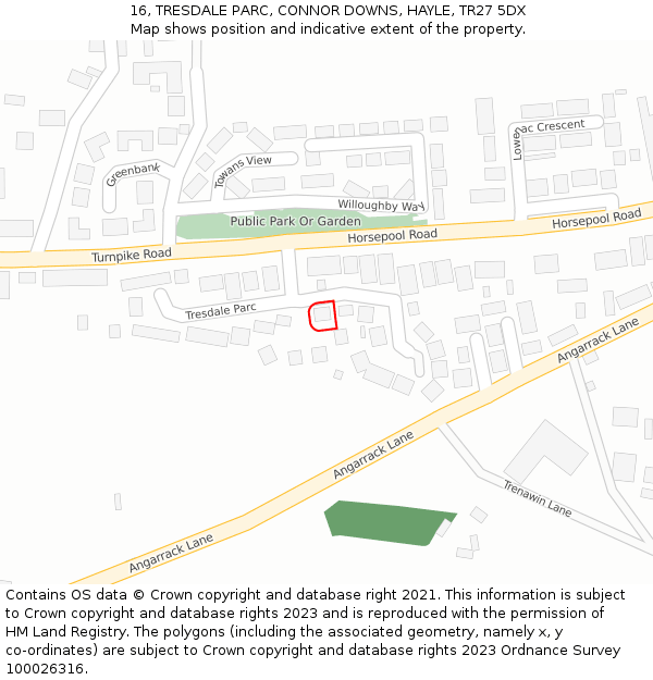 16, TRESDALE PARC, CONNOR DOWNS, HAYLE, TR27 5DX: Location map and indicative extent of plot