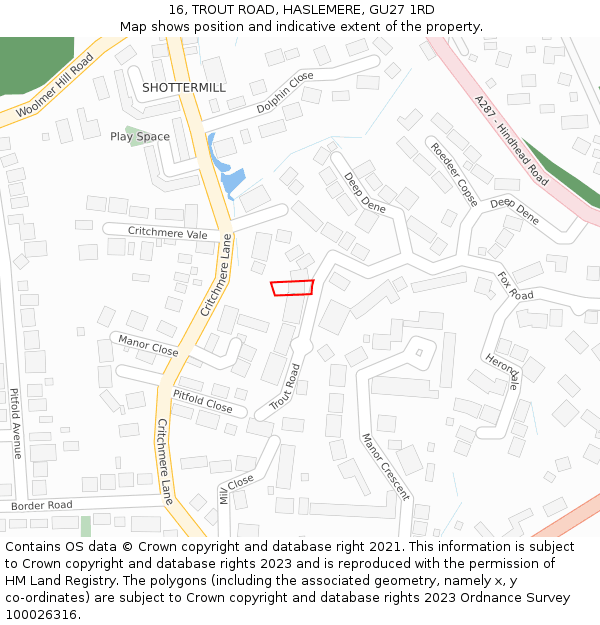 16, TROUT ROAD, HASLEMERE, GU27 1RD: Location map and indicative extent of plot