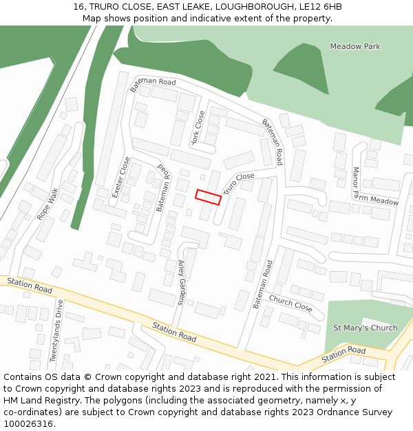 16, TRURO CLOSE, EAST LEAKE, LOUGHBOROUGH, LE12 6HB: Location map and indicative extent of plot