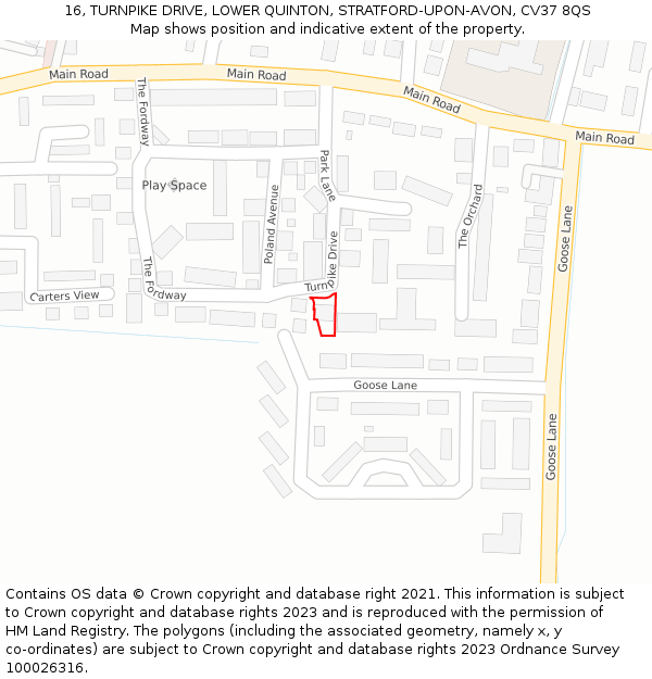 16, TURNPIKE DRIVE, LOWER QUINTON, STRATFORD-UPON-AVON, CV37 8QS: Location map and indicative extent of plot