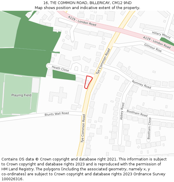 16, TYE COMMON ROAD, BILLERICAY, CM12 9ND: Location map and indicative extent of plot