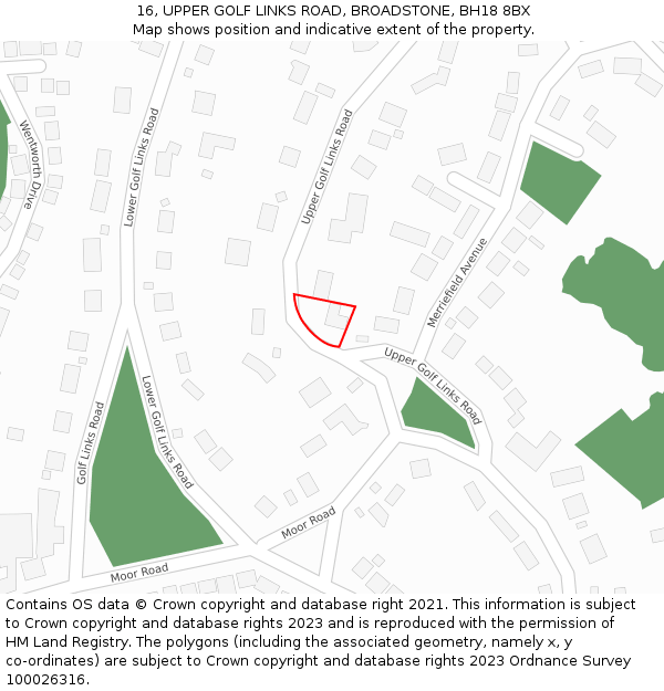 16, UPPER GOLF LINKS ROAD, BROADSTONE, BH18 8BX: Location map and indicative extent of plot