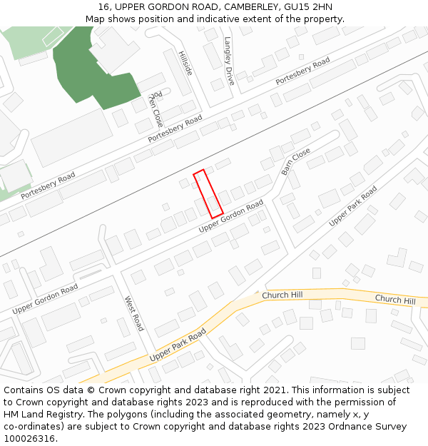 16, UPPER GORDON ROAD, CAMBERLEY, GU15 2HN: Location map and indicative extent of plot