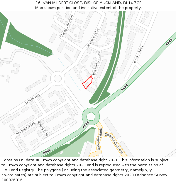 16, VAN MILDERT CLOSE, BISHOP AUCKLAND, DL14 7GF: Location map and indicative extent of plot
