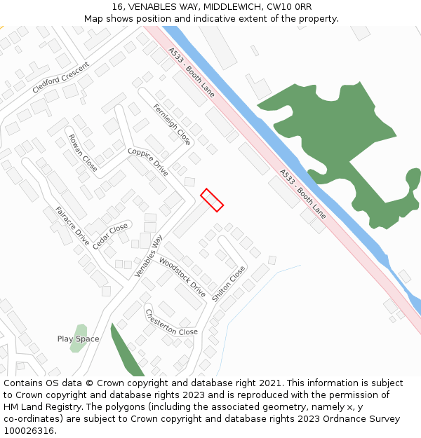 16, VENABLES WAY, MIDDLEWICH, CW10 0RR: Location map and indicative extent of plot