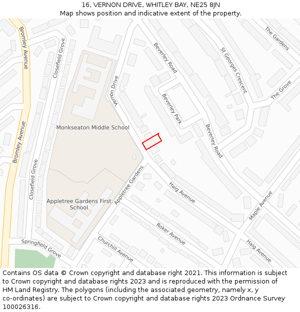 16, VERNON DRIVE, WHITLEY BAY, NE25 8JN: Location map and indicative extent of plot