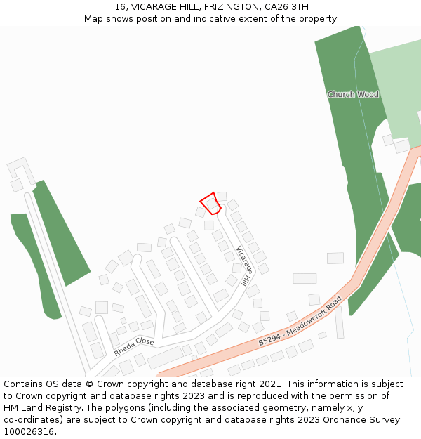 16, VICARAGE HILL, FRIZINGTON, CA26 3TH: Location map and indicative extent of plot