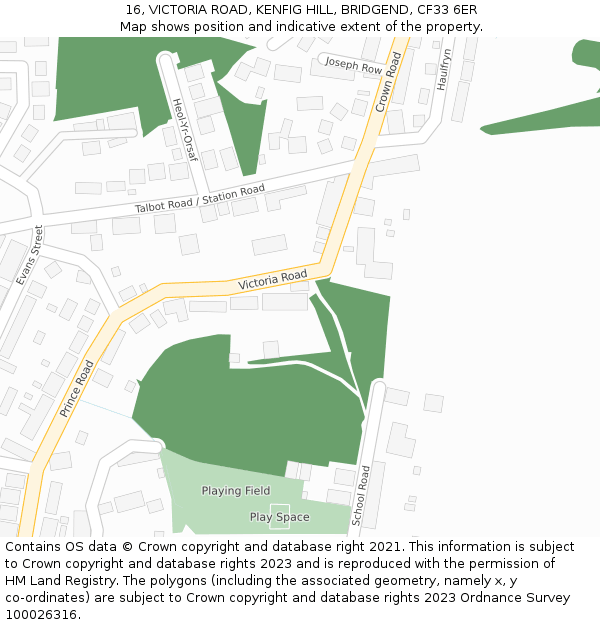 16, VICTORIA ROAD, KENFIG HILL, BRIDGEND, CF33 6ER: Location map and indicative extent of plot