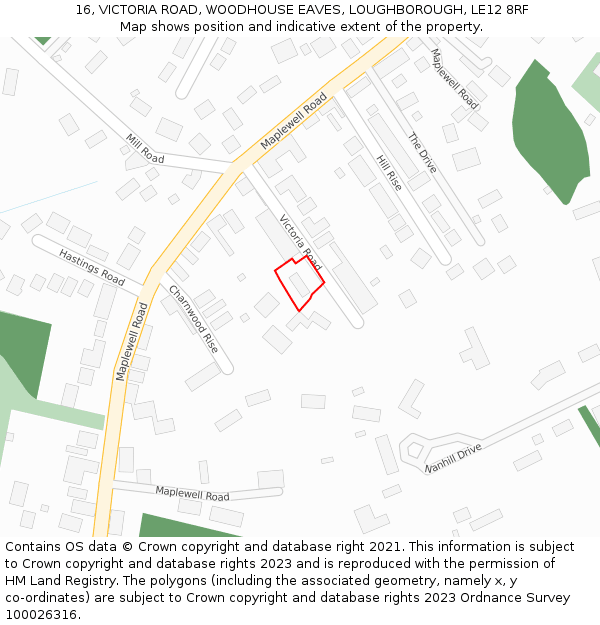 16, VICTORIA ROAD, WOODHOUSE EAVES, LOUGHBOROUGH, LE12 8RF: Location map and indicative extent of plot