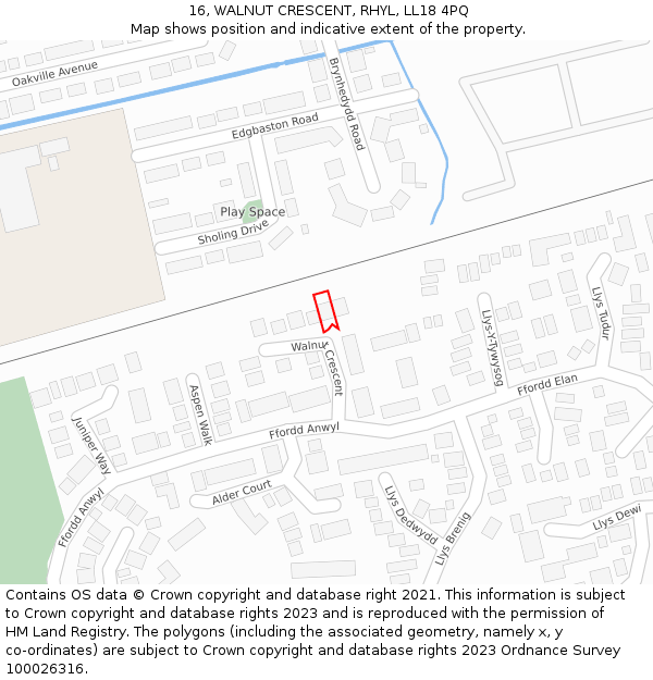 16, WALNUT CRESCENT, RHYL, LL18 4PQ: Location map and indicative extent of plot