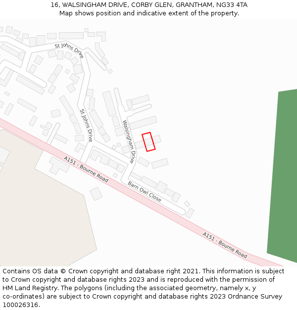 16, WALSINGHAM DRIVE, CORBY GLEN, GRANTHAM, NG33 4TA: Location map and indicative extent of plot