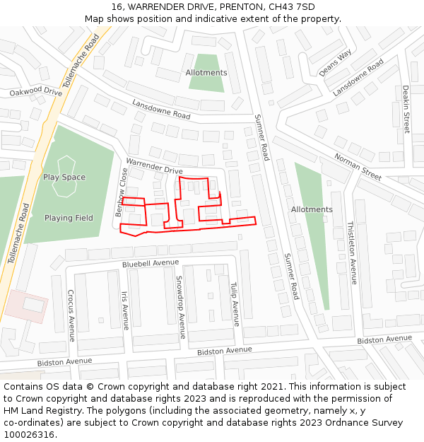 16, WARRENDER DRIVE, PRENTON, CH43 7SD: Location map and indicative extent of plot