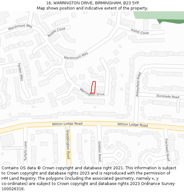 16, WARRINGTON DRIVE, BIRMINGHAM, B23 5YP: Location map and indicative extent of plot