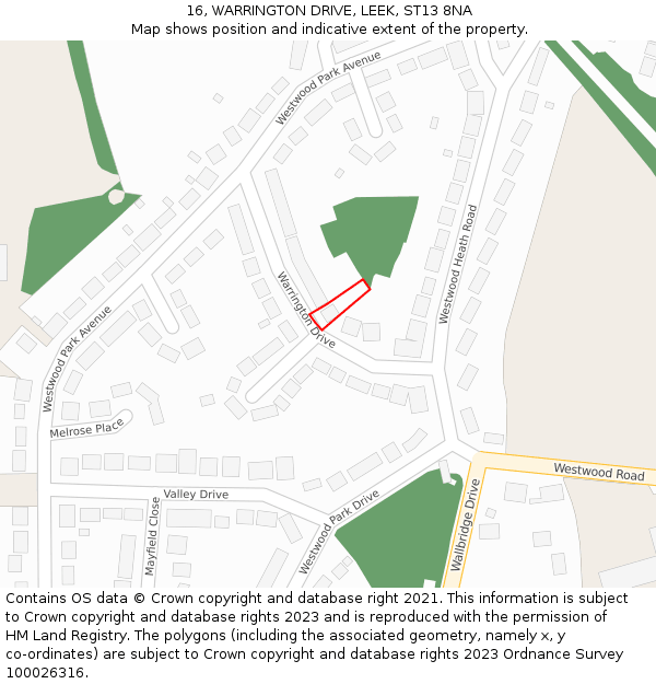 16, WARRINGTON DRIVE, LEEK, ST13 8NA: Location map and indicative extent of plot