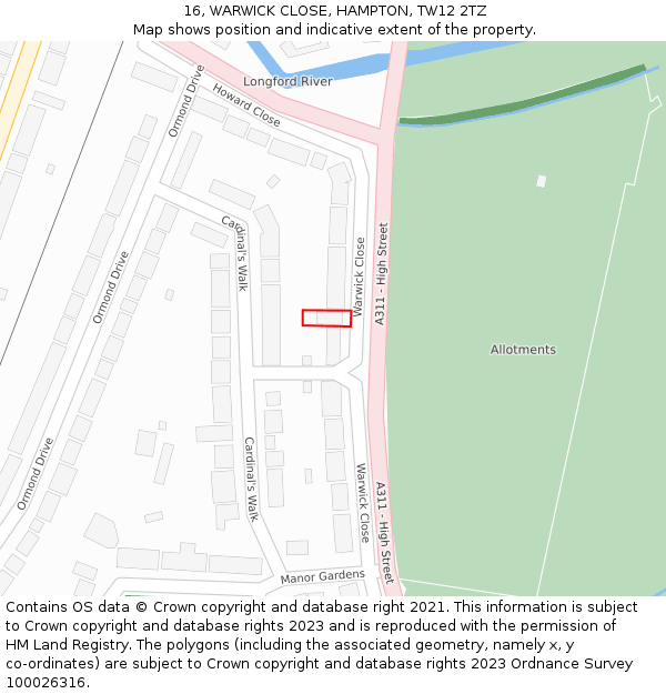16, WARWICK CLOSE, HAMPTON, TW12 2TZ: Location map and indicative extent of plot