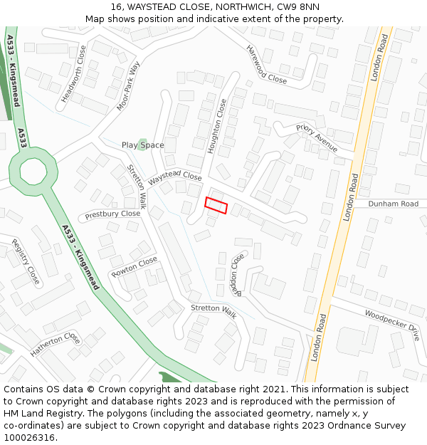 16, WAYSTEAD CLOSE, NORTHWICH, CW9 8NN: Location map and indicative extent of plot