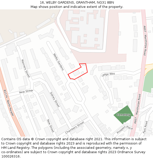 16, WELBY GARDENS, GRANTHAM, NG31 8BN: Location map and indicative extent of plot