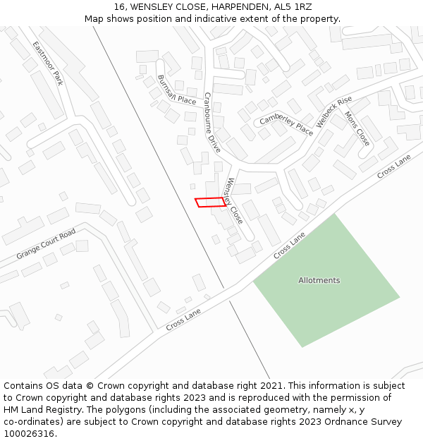 16, WENSLEY CLOSE, HARPENDEN, AL5 1RZ: Location map and indicative extent of plot