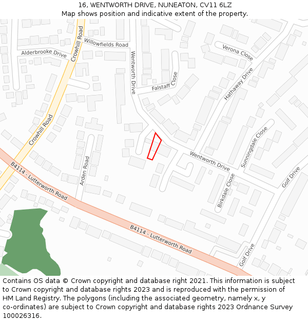 16, WENTWORTH DRIVE, NUNEATON, CV11 6LZ: Location map and indicative extent of plot