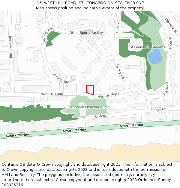 16, WEST HILL ROAD, ST LEONARDS-ON-SEA, TN38 0NB: Location map and indicative extent of plot