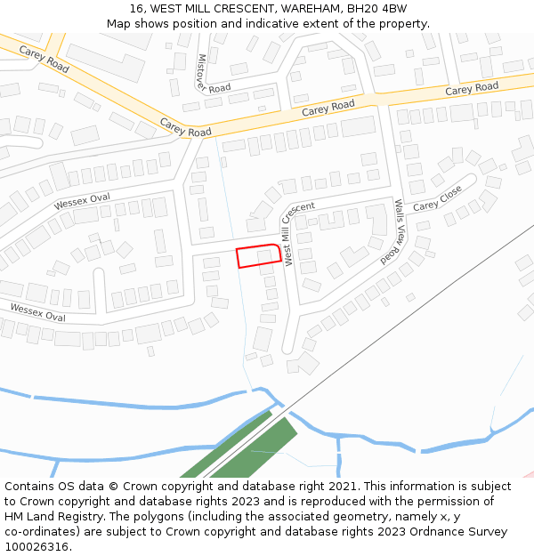 16, WEST MILL CRESCENT, WAREHAM, BH20 4BW: Location map and indicative extent of plot