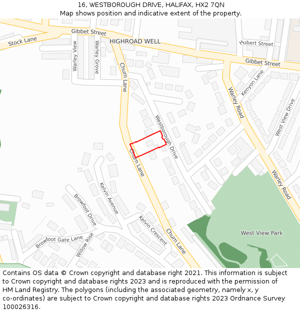 16, WESTBOROUGH DRIVE, HALIFAX, HX2 7QN: Location map and indicative extent of plot