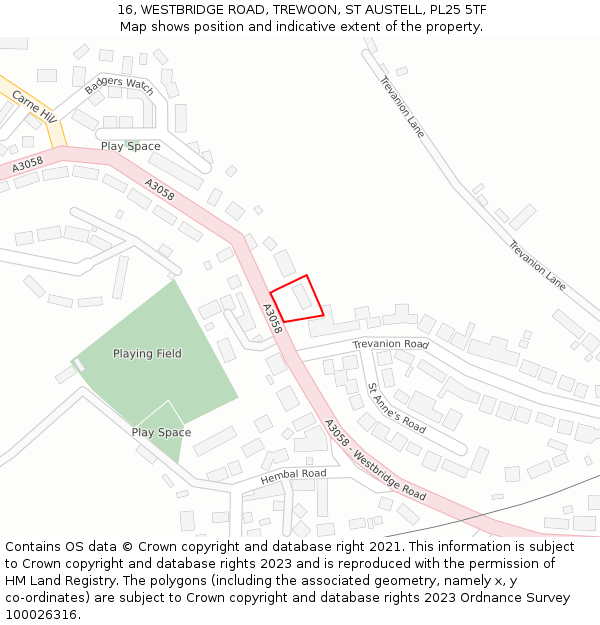 16, WESTBRIDGE ROAD, TREWOON, ST AUSTELL, PL25 5TF: Location map and indicative extent of plot
