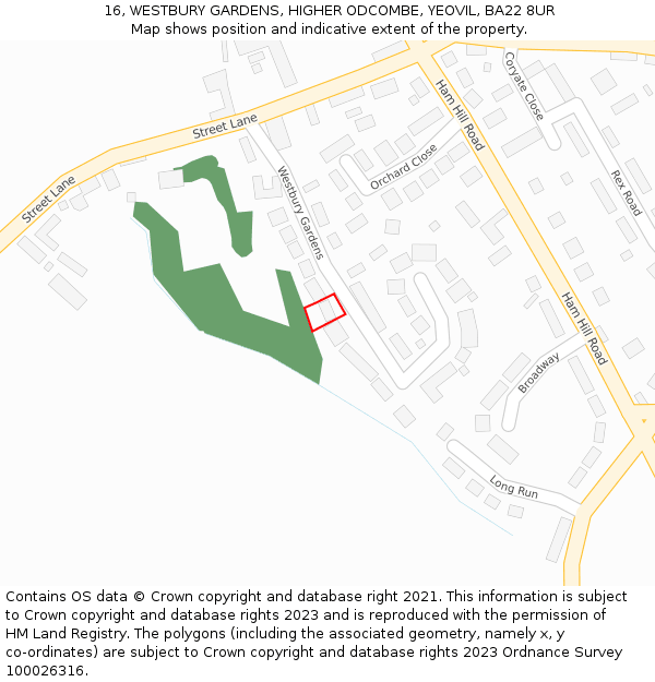 16, WESTBURY GARDENS, HIGHER ODCOMBE, YEOVIL, BA22 8UR: Location map and indicative extent of plot