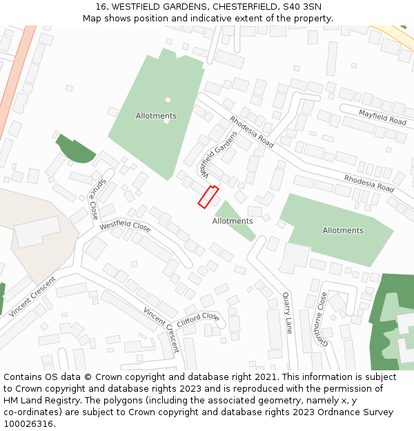 16, WESTFIELD GARDENS, CHESTERFIELD, S40 3SN: Location map and indicative extent of plot