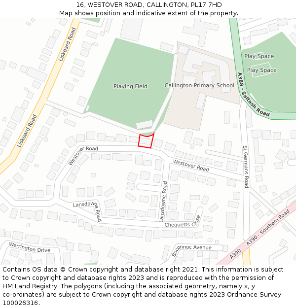 16, WESTOVER ROAD, CALLINGTON, PL17 7HD: Location map and indicative extent of plot