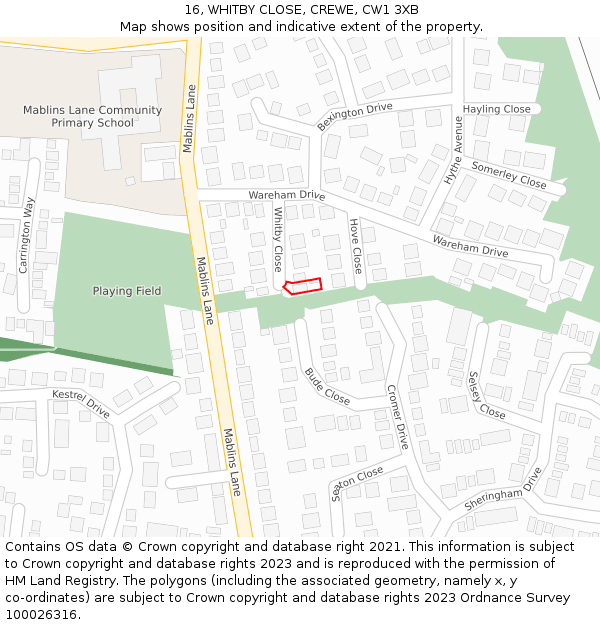 16, WHITBY CLOSE, CREWE, CW1 3XB: Location map and indicative extent of plot