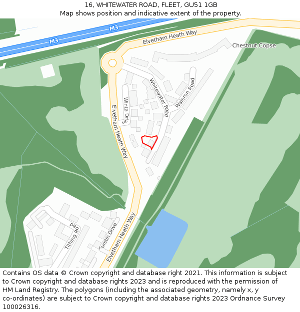 16, WHITEWATER ROAD, FLEET, GU51 1GB: Location map and indicative extent of plot