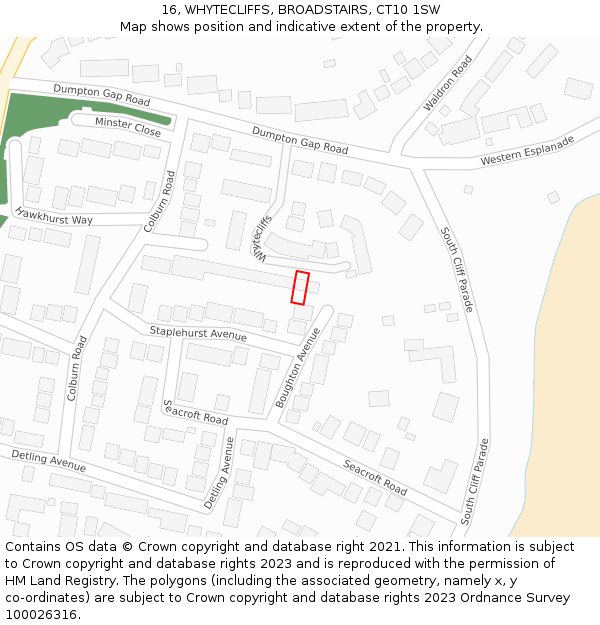 16, WHYTECLIFFS, BROADSTAIRS, CT10 1SW: Location map and indicative extent of plot