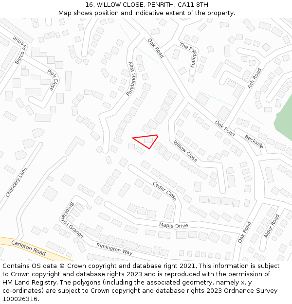 16, WILLOW CLOSE, PENRITH, CA11 8TH: Location map and indicative extent of plot