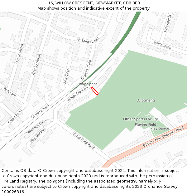 16, WILLOW CRESCENT, NEWMARKET, CB8 8ER: Location map and indicative extent of plot