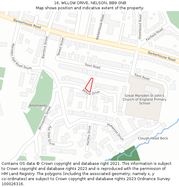 16, WILLOW DRIVE, NELSON, BB9 0NB: Location map and indicative extent of plot