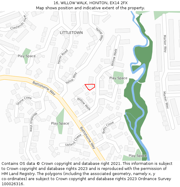 16, WILLOW WALK, HONITON, EX14 2FX: Location map and indicative extent of plot