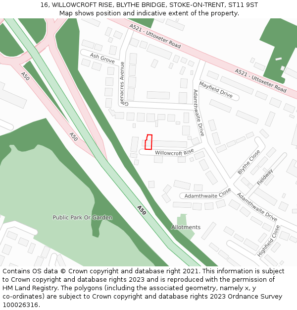16, WILLOWCROFT RISE, BLYTHE BRIDGE, STOKE-ON-TRENT, ST11 9ST: Location map and indicative extent of plot