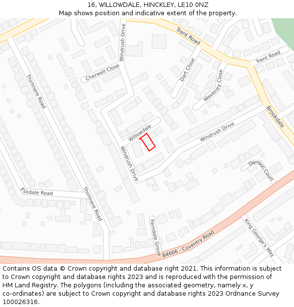 16, WILLOWDALE, HINCKLEY, LE10 0NZ: Location map and indicative extent of plot