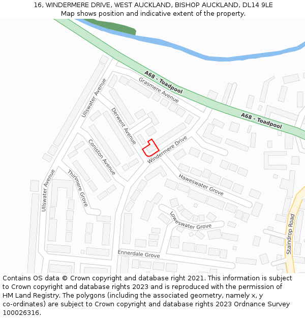 16, WINDERMERE DRIVE, WEST AUCKLAND, BISHOP AUCKLAND, DL14 9LE: Location map and indicative extent of plot