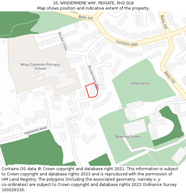 16, WINDERMERE WAY, REIGATE, RH2 0LW: Location map and indicative extent of plot