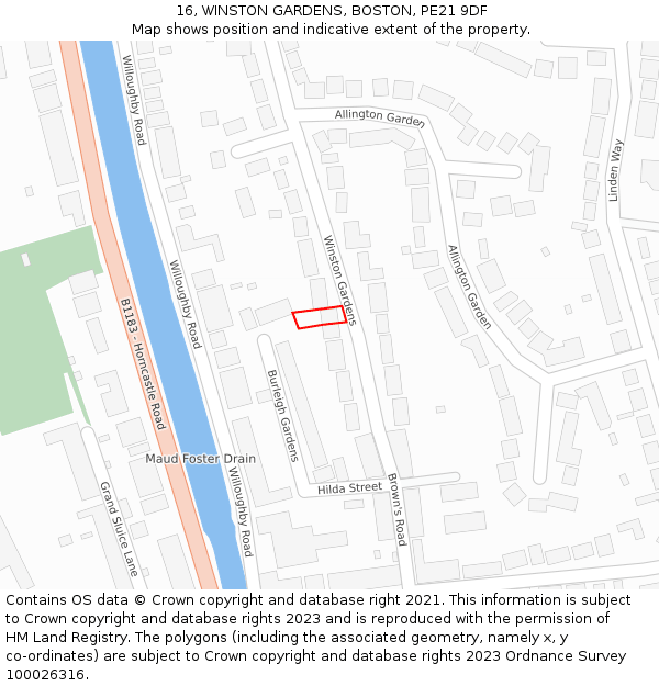 16, WINSTON GARDENS, BOSTON, PE21 9DF: Location map and indicative extent of plot