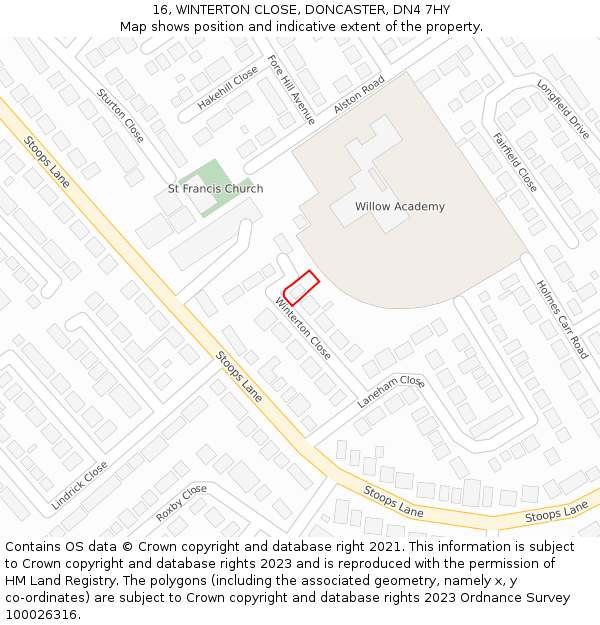 16, WINTERTON CLOSE, DONCASTER, DN4 7HY: Location map and indicative extent of plot