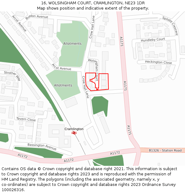 16, WOLSINGHAM COURT, CRAMLINGTON, NE23 1DR: Location map and indicative extent of plot