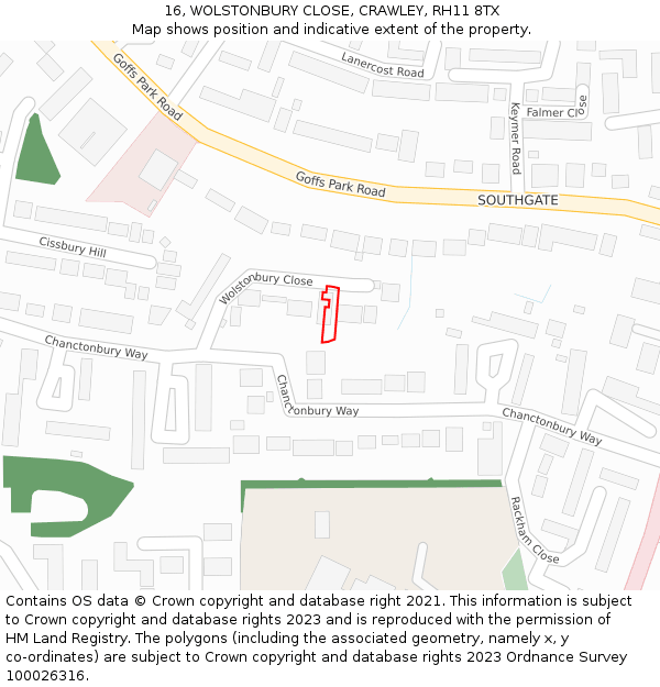 16, WOLSTONBURY CLOSE, CRAWLEY, RH11 8TX: Location map and indicative extent of plot