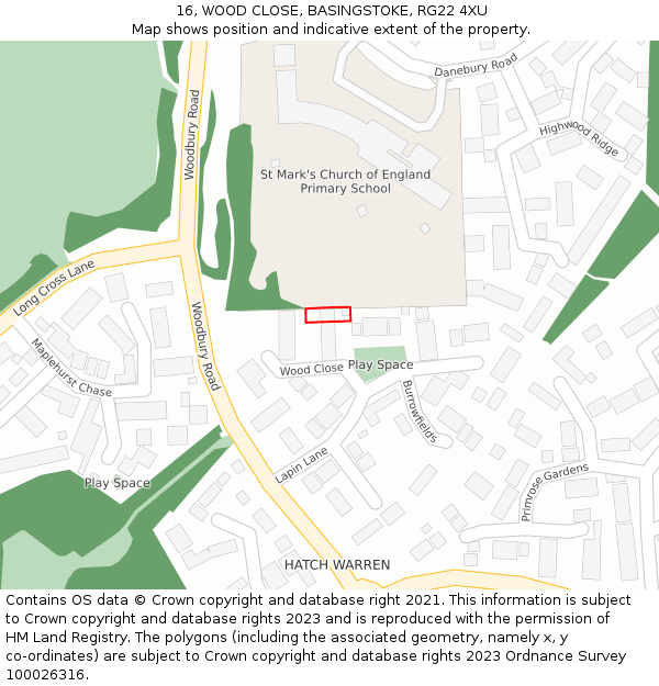 16, WOOD CLOSE, BASINGSTOKE, RG22 4XU: Location map and indicative extent of plot