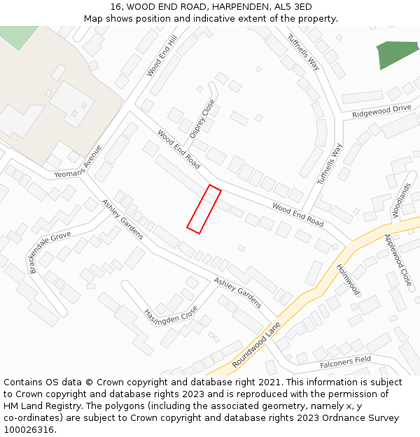 16, WOOD END ROAD, HARPENDEN, AL5 3ED: Location map and indicative extent of plot