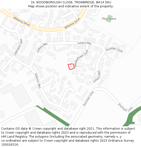 16, WOODBOROUGH CLOSE, TROWBRIDGE, BA14 0XU: Location map and indicative extent of plot