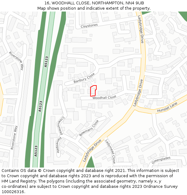 16, WOODHALL CLOSE, NORTHAMPTON, NN4 9UB: Location map and indicative extent of plot
