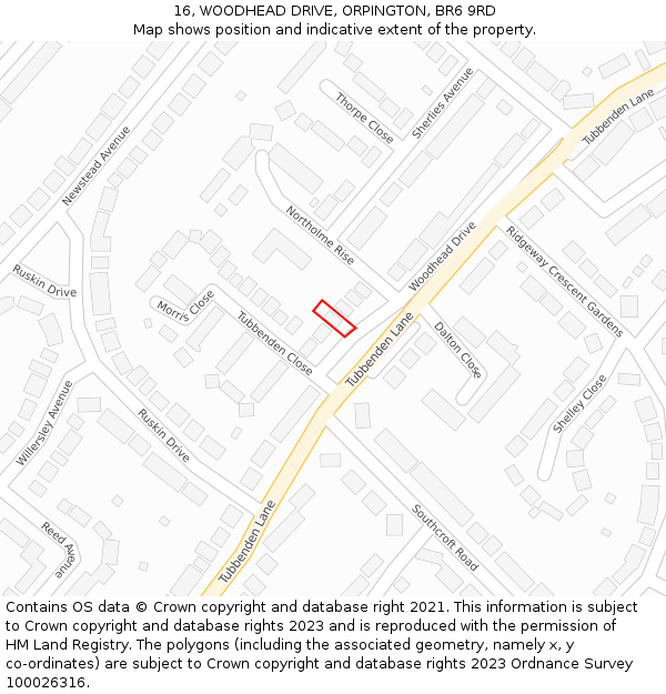 16, WOODHEAD DRIVE, ORPINGTON, BR6 9RD: Location map and indicative extent of plot